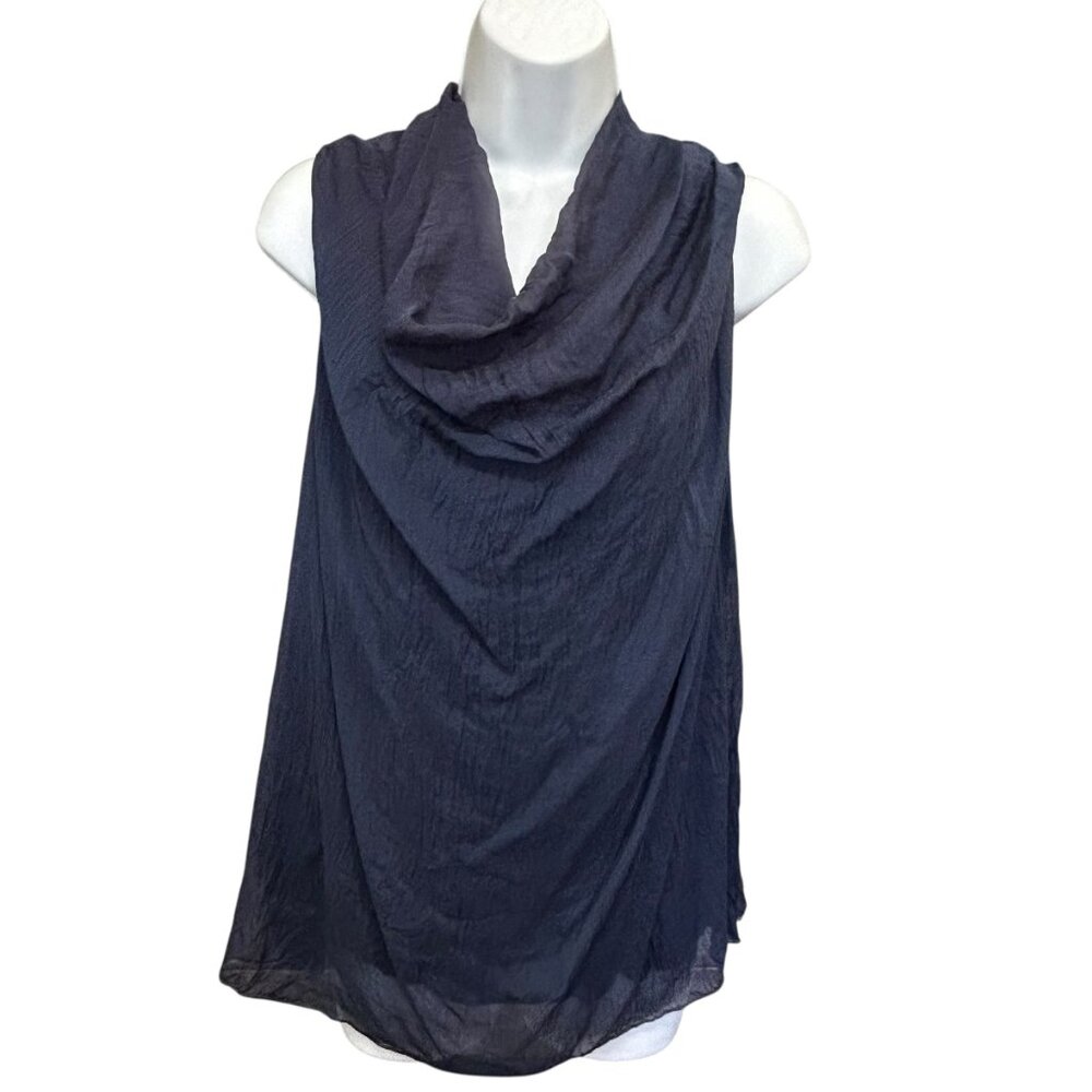 Carla Conti Italy Black Raw Silk Crinkled Cowl Neck Tunic Top Size S
